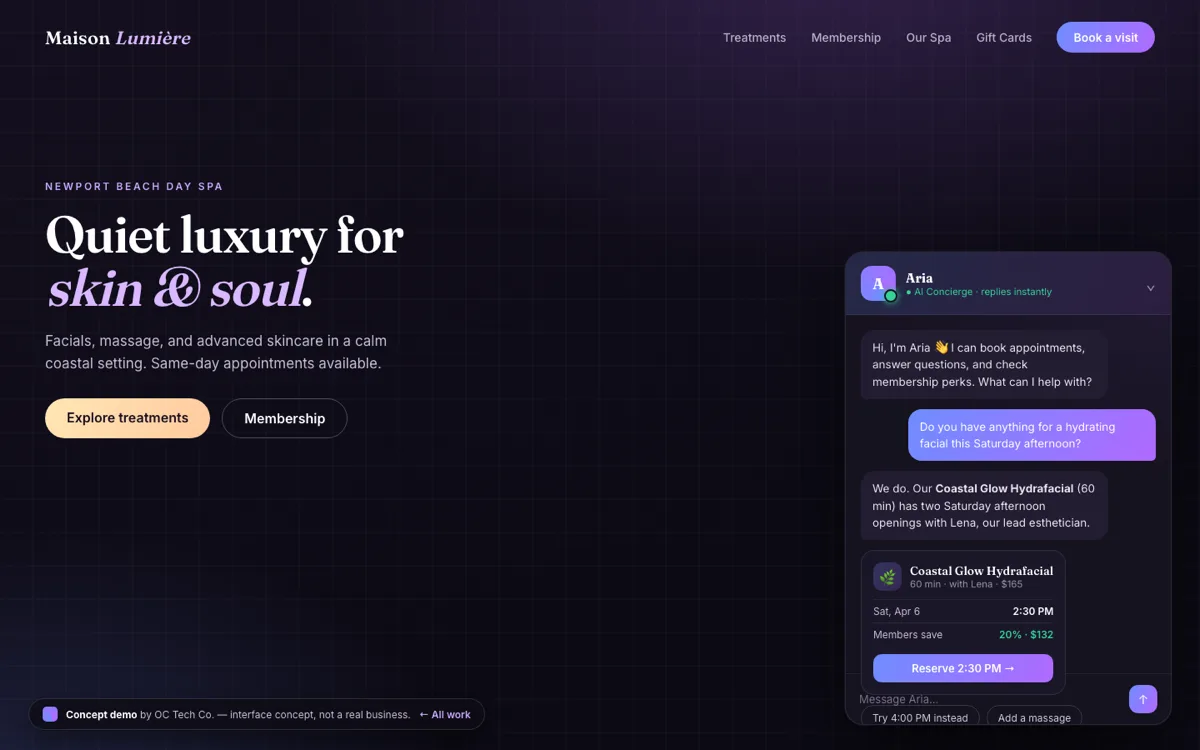 Website with an AI concierge widget built by OC Tech Co.